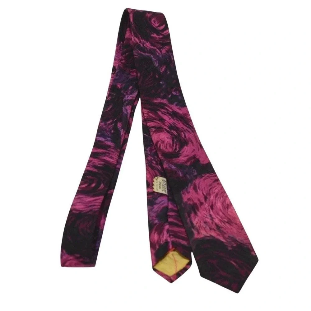 60s Vintage Skinny Tie 100% Cotton Pink Purple Black Psychedelic Rose Print